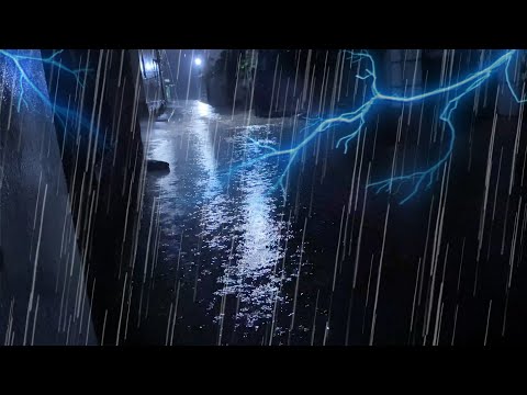 Rain with Heavy Thunder at Night, Quiet Village Road - Thunderstorm Rain Sounds for Sleep Relax ASMR