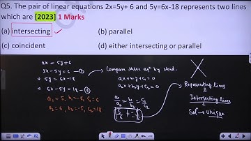 The pair of linear equations 2x = 5y + 6 and 5y = 6x - 18 represents two lines which are