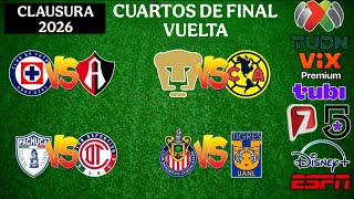 FECHAS,HORARIOS Y CANALES PARA LOS CUARTOS DE FINAL / VUELTA / DE LA LIGA MX CLAUSURA 2026