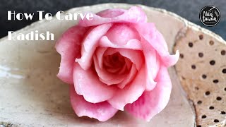 Pink Rose Carving &How to carve Rose Vegetables ベジタブルカービング&タイカービング中級編แกะสลักดอกกุหลาบจากหัวไชเท้า
