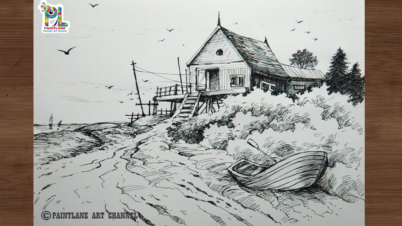 Landscape drawing with normal black pen  PAINTLANE  Pen drawing video   YouTube