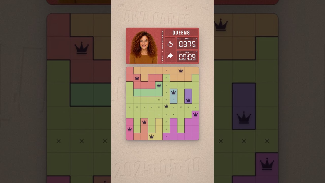 LinkedIn Queens #375 solved board for May 10, 2025, 10x10 grid