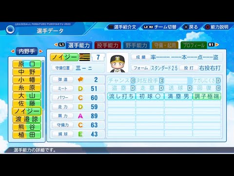 パワプロ2023選手名鑑 / NPB PLAYER'S DATE】阪神 7 ノイジー選手