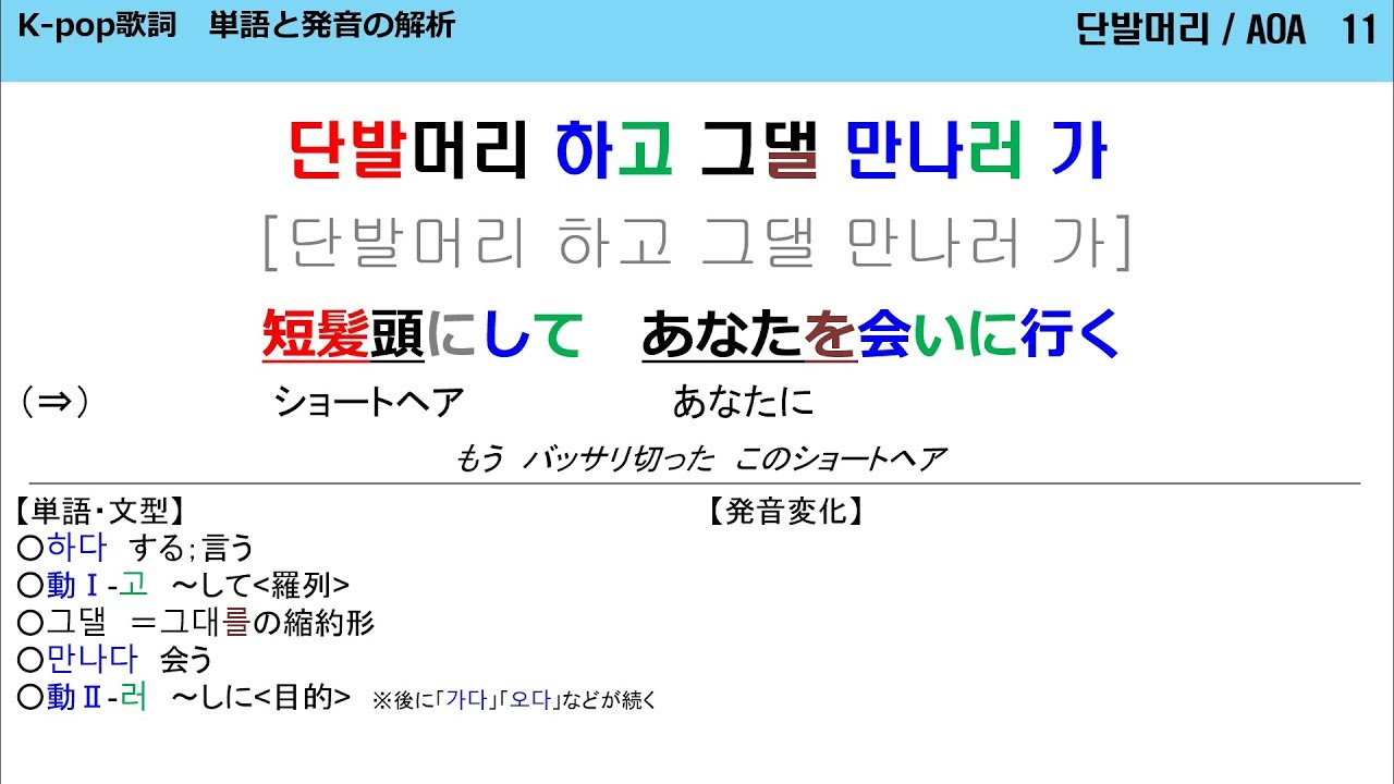 Aoa Short Hair 단발머리 K Pop歌詞 日本語超直訳 単語と発音の解析 日本語版との歌詞比較つき Youtube