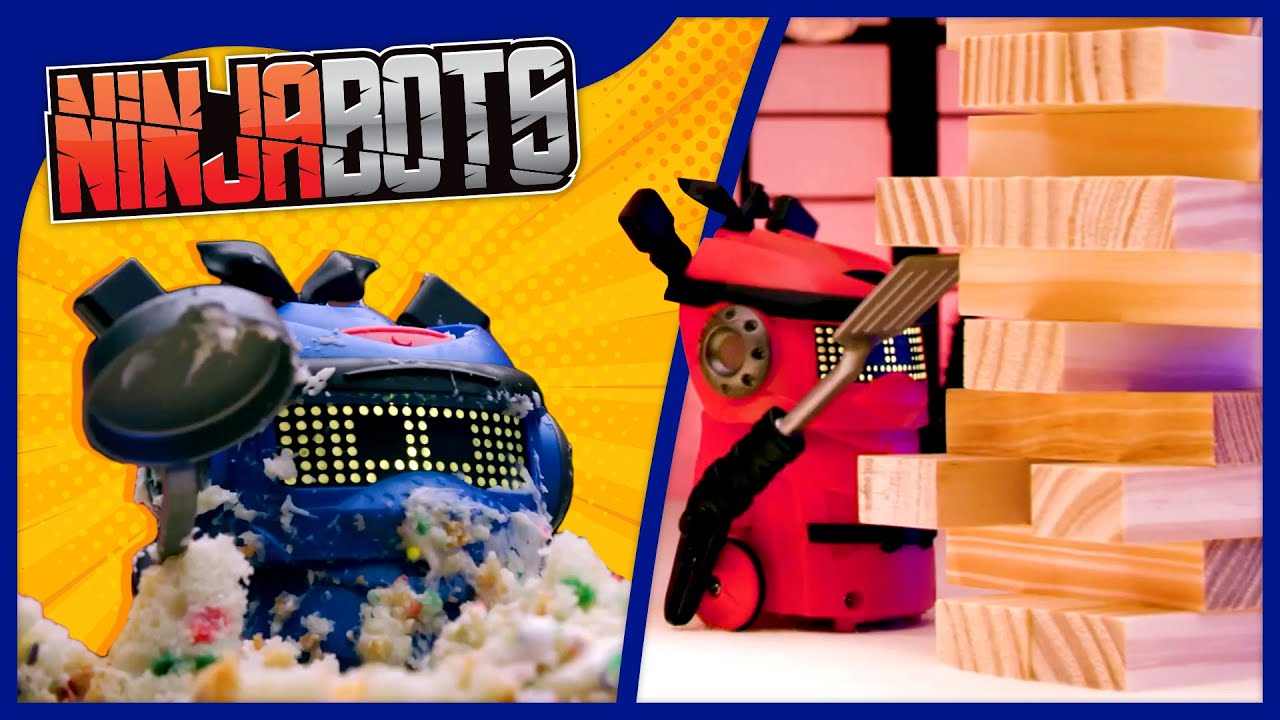BATTLING Birthday CAKES and Block Towers 🎂🥊🤖 Ninja Bots - Action Toy ...