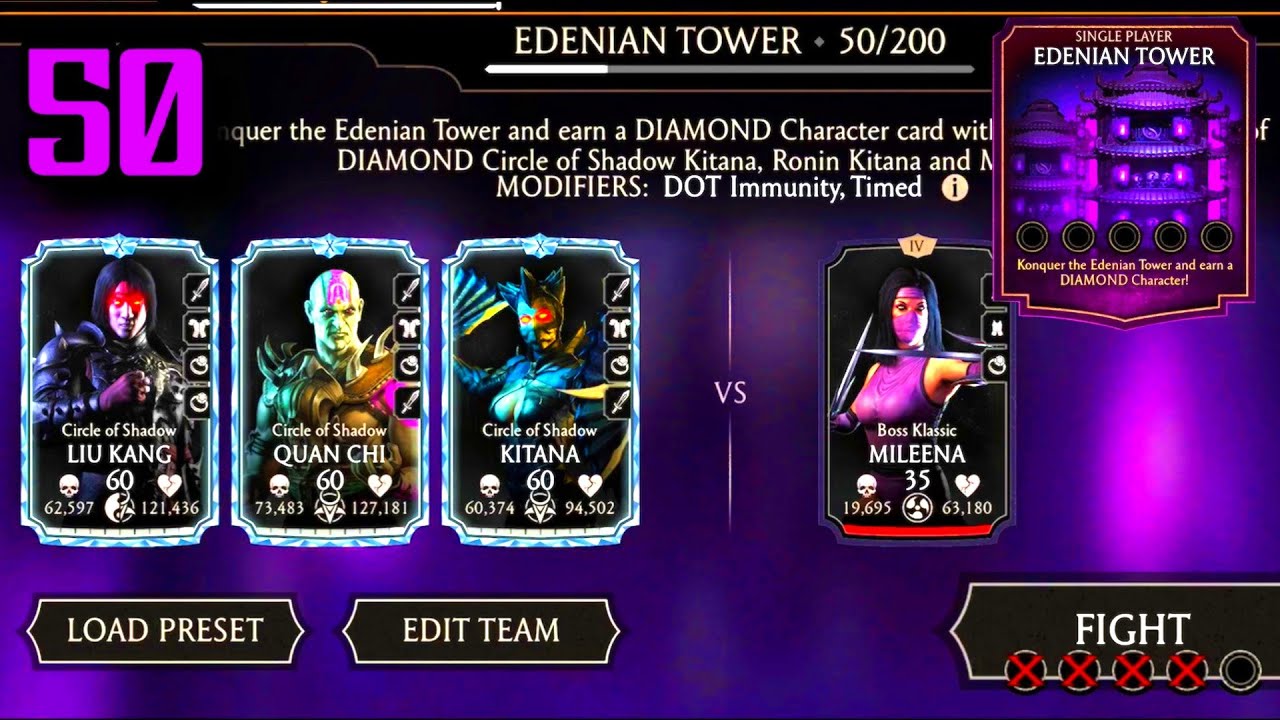 Edenian Tower Boss Battle 50 Fights + Reward | MK Mobile | Kitana Brutality on Boss Mileena!