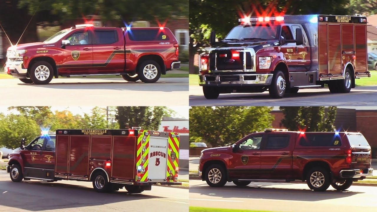 Williamsville FD Car 9 and Rescue 5 Responding Code 3 to MVA * Air