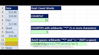Excel Magic Trick 1327: Formula to Count Words in Column with Mixed Data: COUNTIFS Function