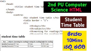 2nd PU Computer Science HTML Student Study Time Table Lab Program Explained in Kannada