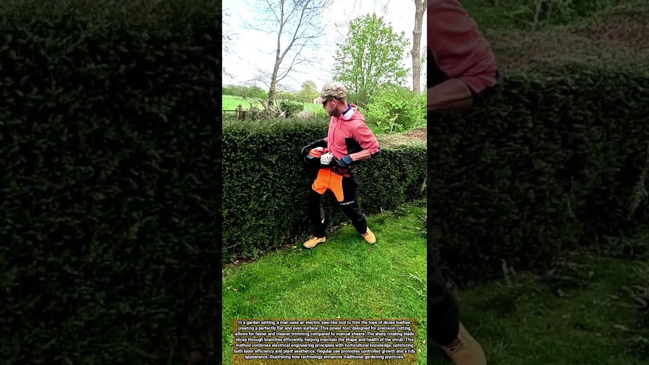 Man Using Electric Saw Tool To Trim Bush Tops For Efficient Garden Maintenance
