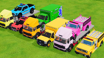 TRANSPORTING POLICE CARS, AMBULANCE, FIRE TRUCK, COLORFUL CARS WITH TRUCK GAME FARMING SIMULATOR 22