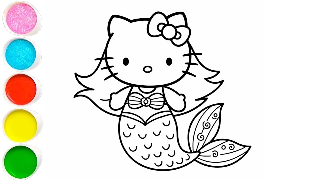 Милая русалка Hello Kitty: простой рисунок, раскраска и рисование для детей и малышей.