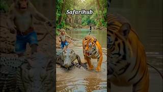 Monkey Saves Tiger from Giant Crocodile Attack 🐒🐅🐊 | Jungle Survival #shorts