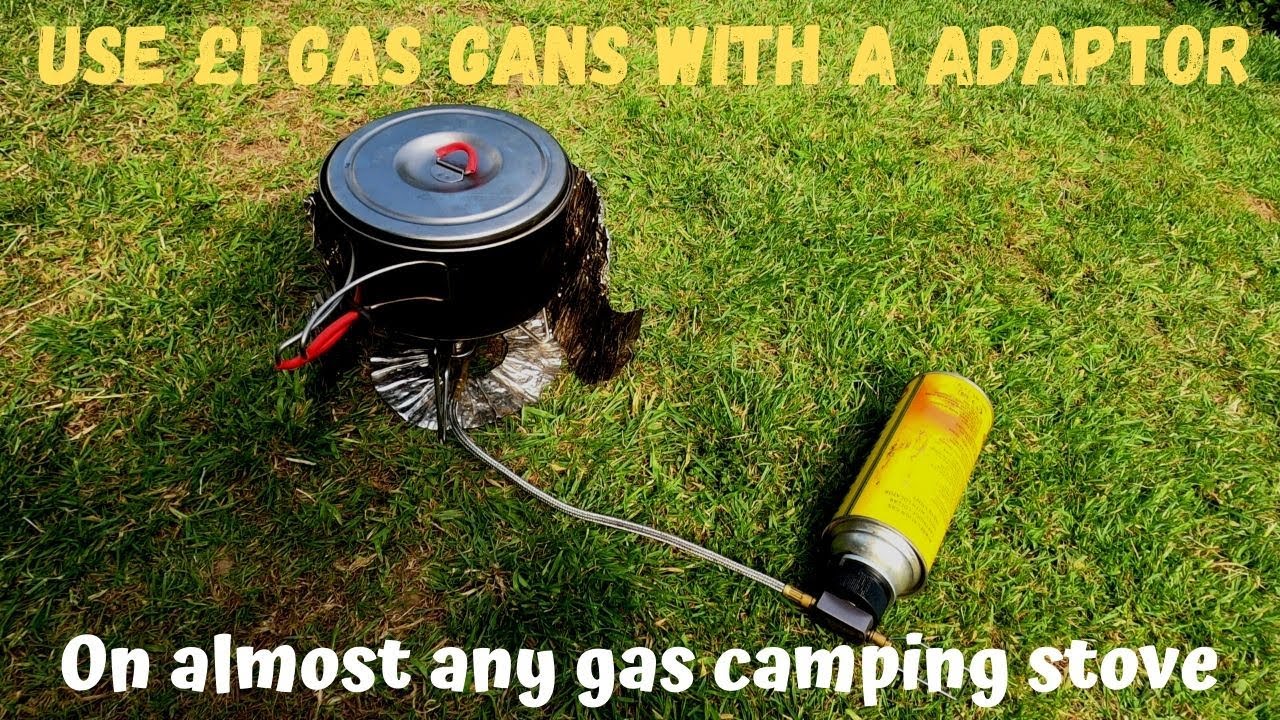 Cheap gas with one pound can adapter on wild camping stove. Outdoors