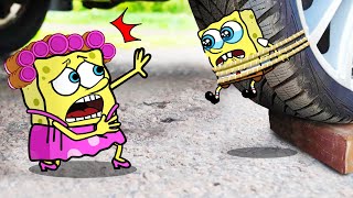 Ohh no, My Son !! Car crushing Spongebob Mommy vs Spongebob Baby  🚓 Crushing Crunchy & Soft Things