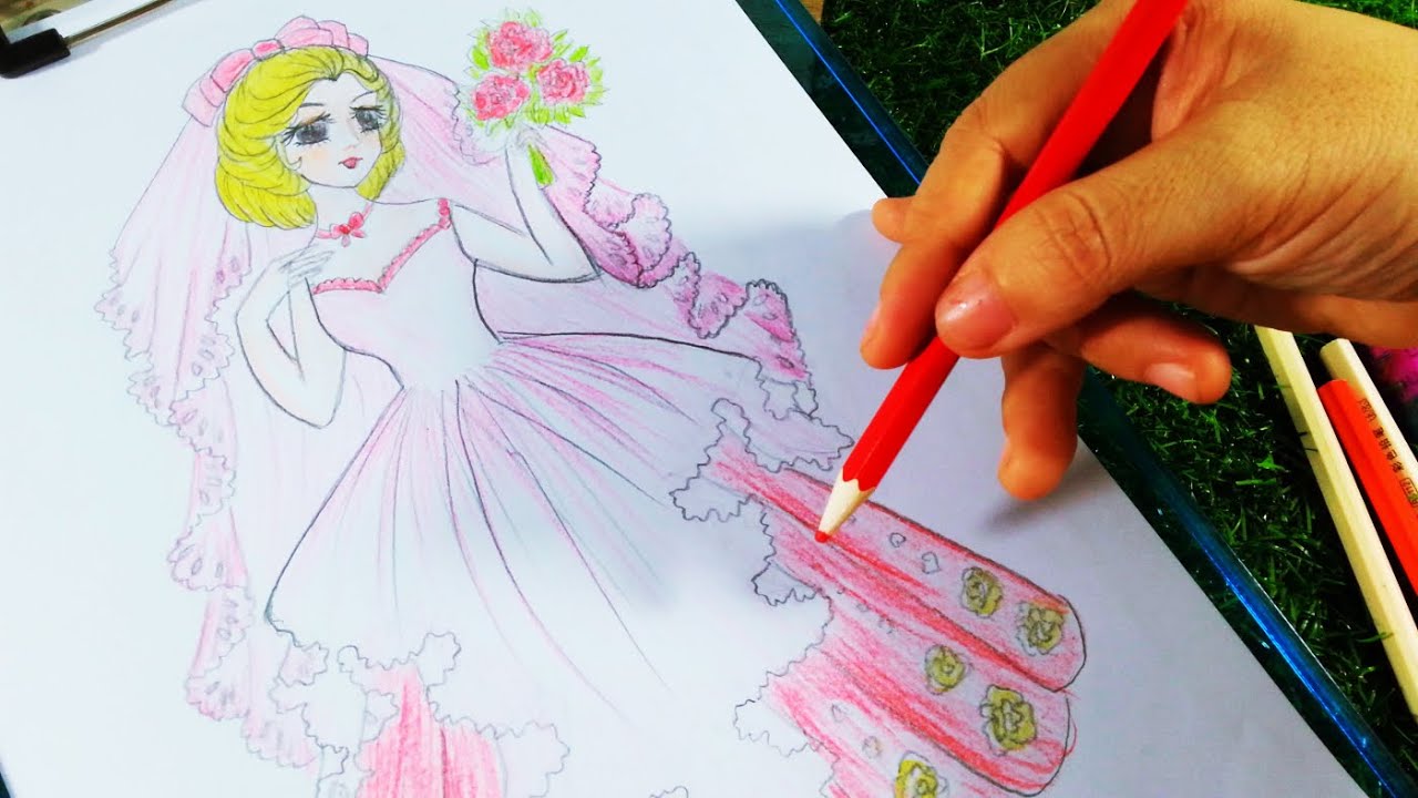 VẼ CÔ DÂU HOA HỒNG XINH ĐẸP NHẤT / HOW TO DRAW A BRIDE WITH ...