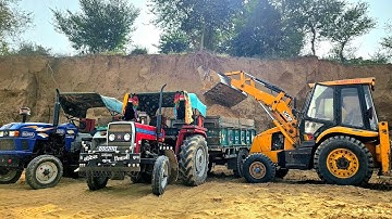 Jcb 3dx Backhoe Loader Machine Loading Red Mud in Eicher 380 and 3 Massey Mahindra 475 Tractors। Jcb