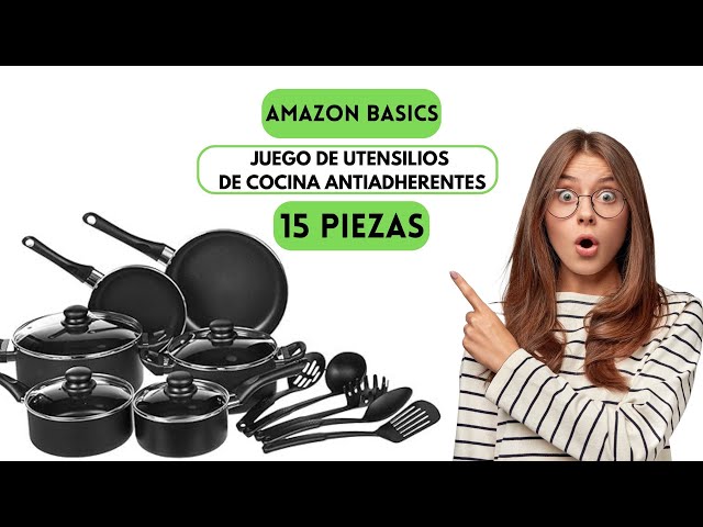 Basics - Juego de utensilios de cocina antiadherentes, ollas,  sartenes y utensilios, juego de 15 piezas