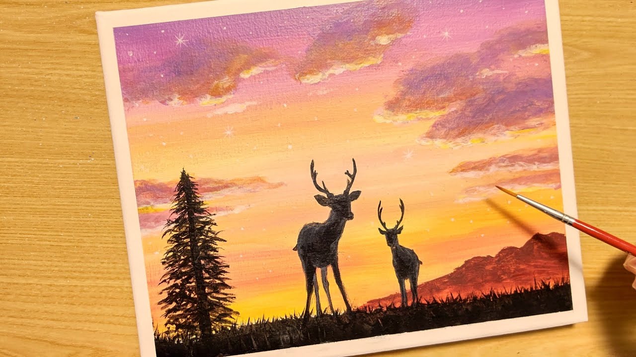 How to easily draw a sunset and a deer parent and child with
