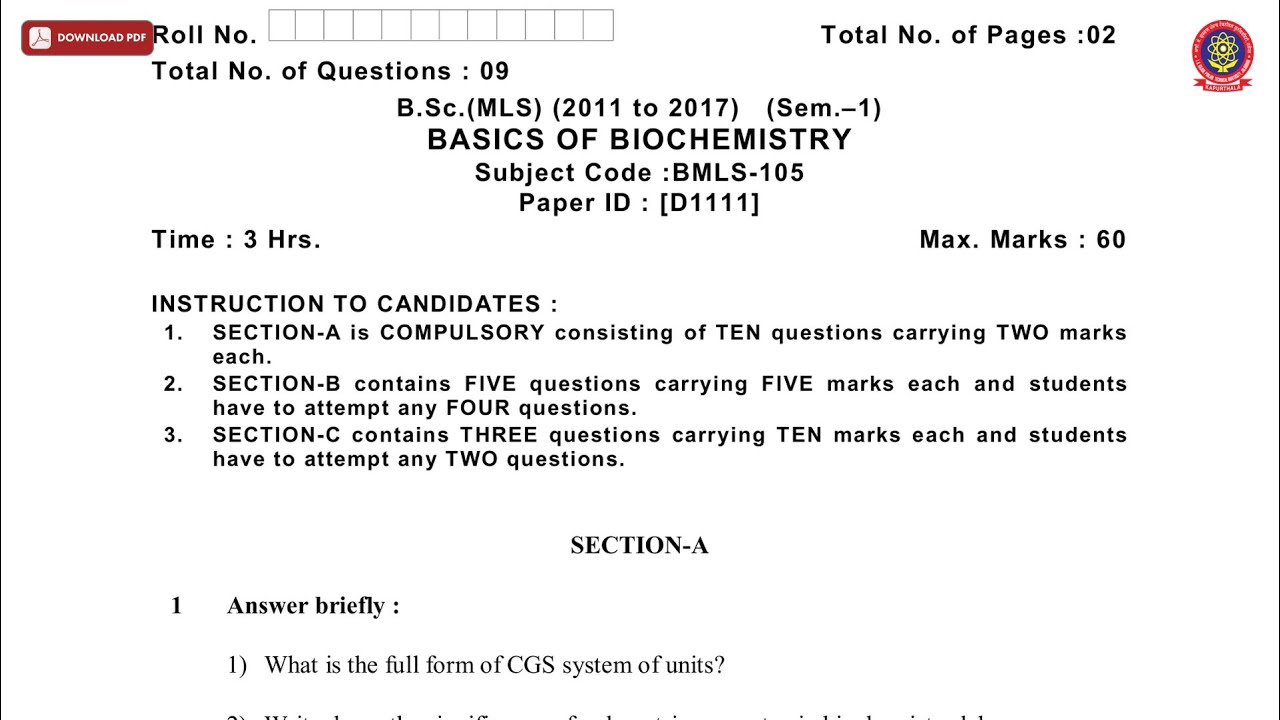 BSC MLS 1ST SEM BASICS OF BIOCHEMISTRY D DEC 2018 | PTU