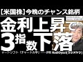 【米国株-今晩のチャンス銘柄】米金利上昇で3指数が下落中! 特にナスダック100(ミニ)の下落率が高い。ここは「買い」を検討できるのではないか。休場が明け、今晩から個別株の売買も再開。安い銘柄も紹介。