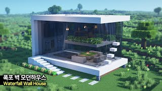 ⛏️ Minecraft Tutorial :: 🌊 Build a Waterfall Wall Modern House 🏡