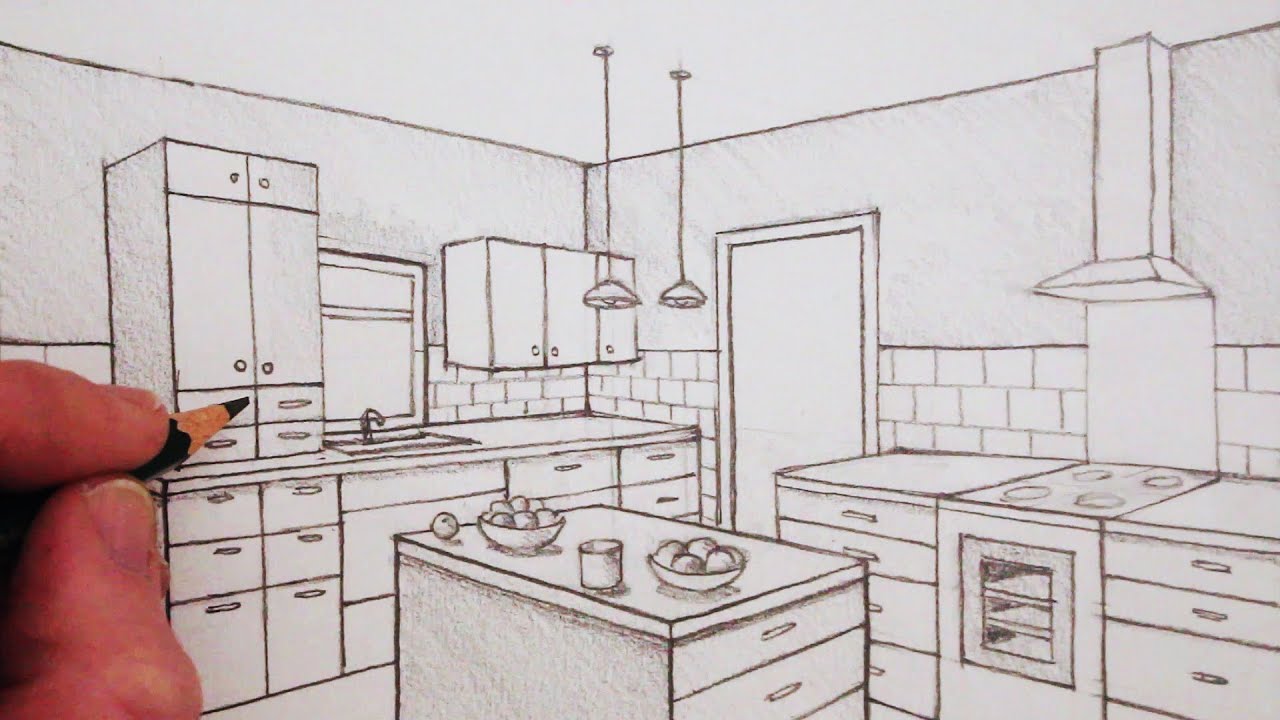 How to Draw a Kitchen Room in Two-Point Perspective: Time Lapse - YouTube