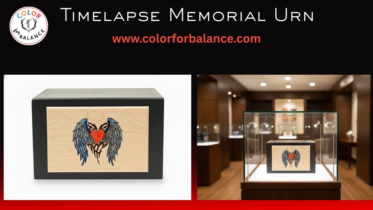 Time lapse of a handmade memorial urn being colored, featuring angel wings and a heart symbolizing love, protection, and remembrance.