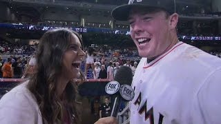 BOS@MIA: Bour gets doused while discussing walk-off