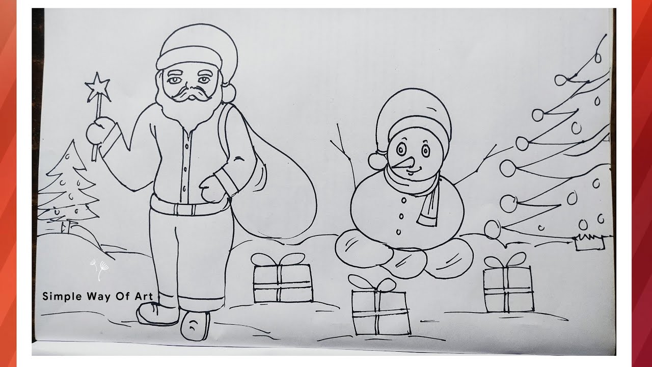  Santa Claus drawing with snowman || How to draw a Christmas Santa Claus with snowman 