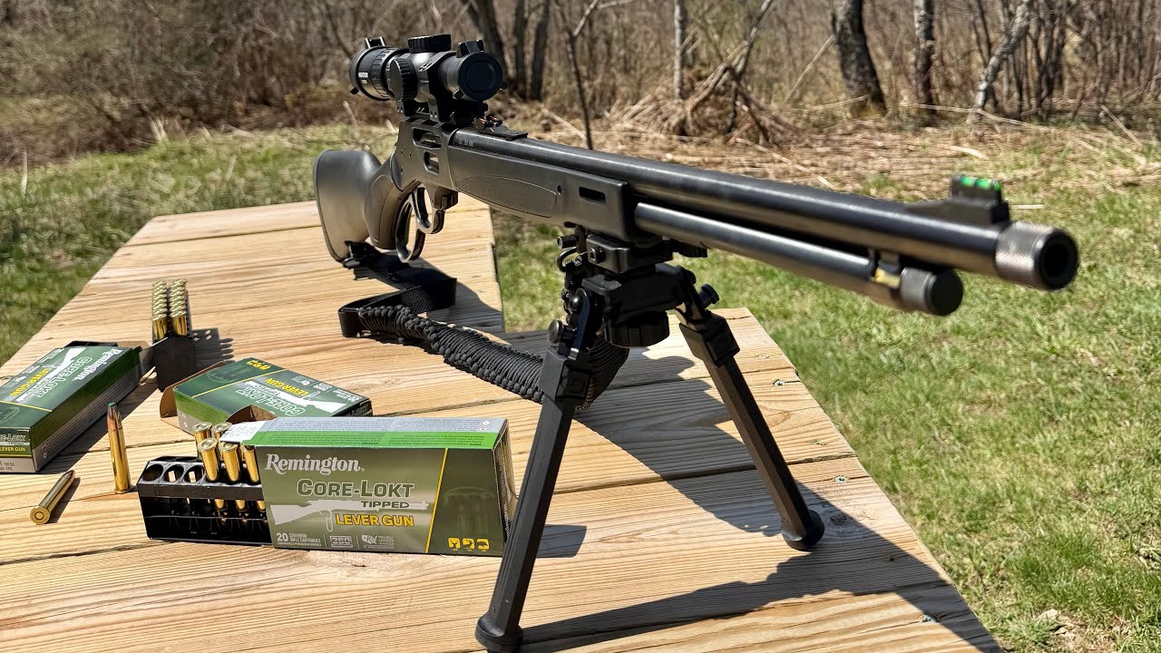 Henry X Model 360 Buckhammer shown with magpul bipod on shooting bench at Mud Lake Ranch