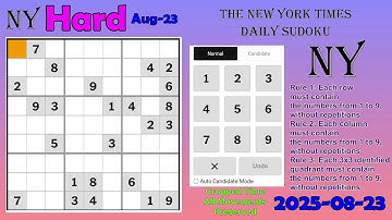 The New York Times Daily Sudoku 2025-08-23 Hard