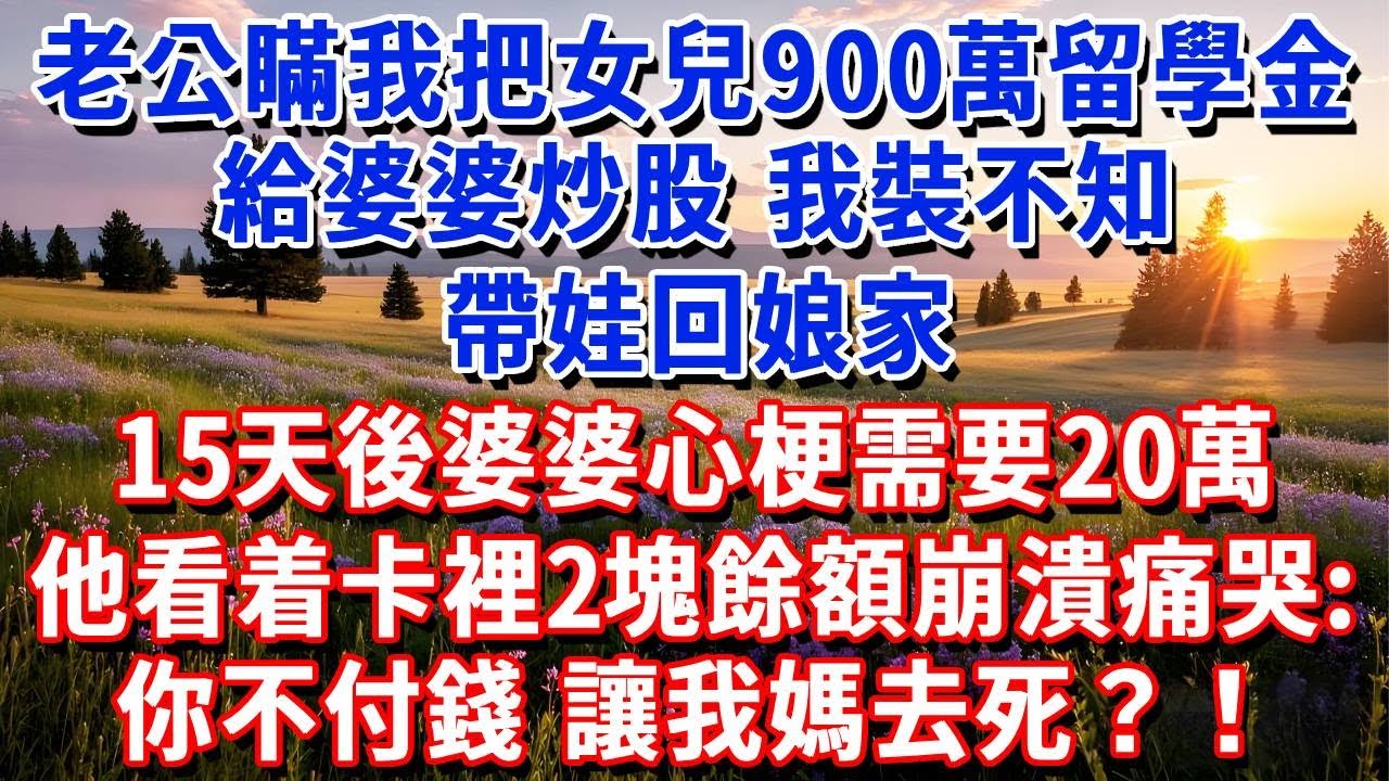 老公瞞着我把女兒900萬留學金給婆婆炒股，我裝不知，帶娃回娘家。15天後婆婆心梗需要20萬，他看着卡裡2塊餘額崩潰，哭着打我電話：你不付錢 讓我媽去死？！#小魚故事會#為人處世#人生感悟#中老年生活