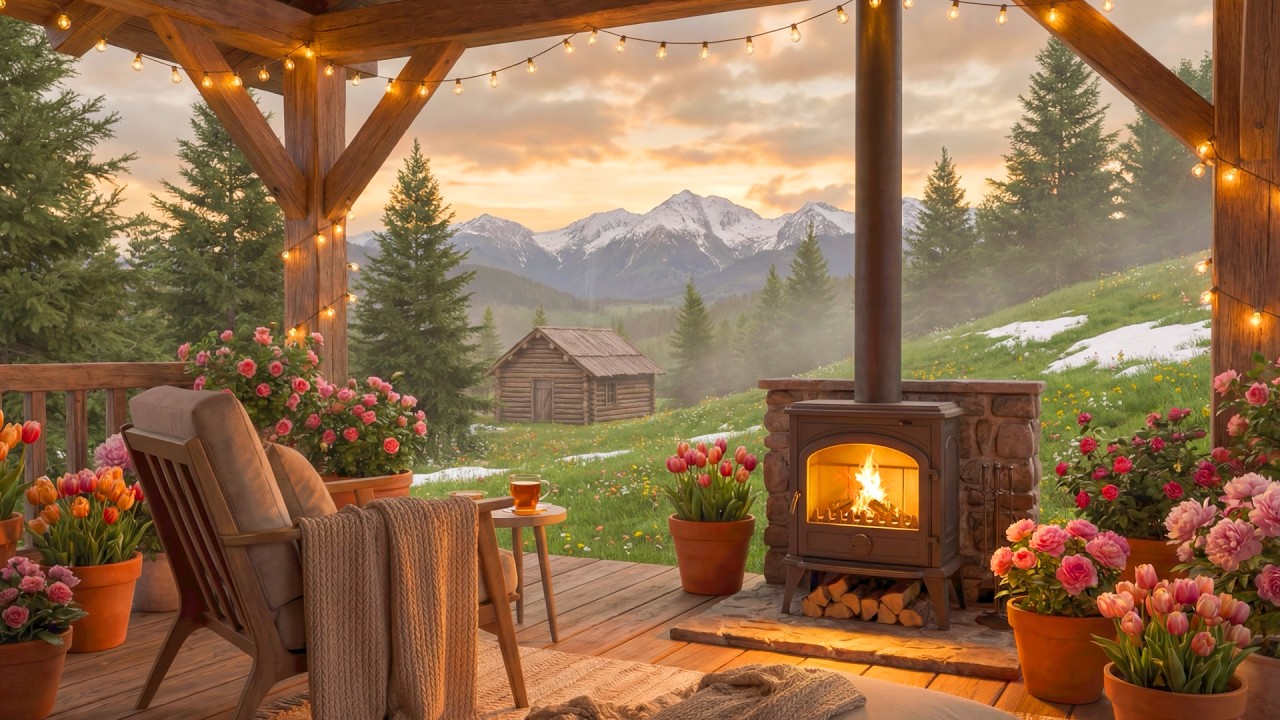 Cozy Spring Cabin with Fireplace Sounds 🌸🔥 Mountain Sunset Ambience for Relaxing, Studying & Sleep