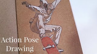 Draw the action pose (skateboard) step by step/رسم وضعية جسد متحركة