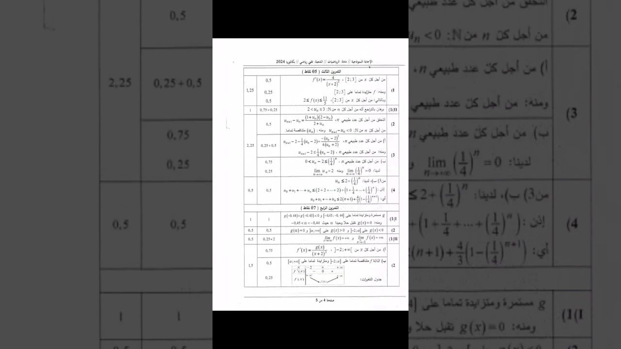 سلالم التنقيط الرسمية لبكالوريا 2024 لمادة الرياضيات لجميع الشعب