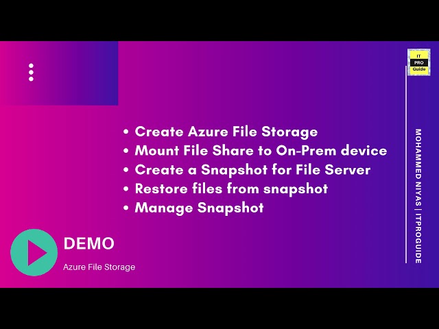 Azure Files | Azure Storage | Introduction, How to mount Azure file share, Manage Snapshot Video 1