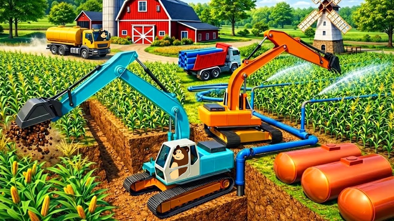 Farm Work Day: Installing Water Pipes & Irrigating Corn Field | Real Farm Animation
