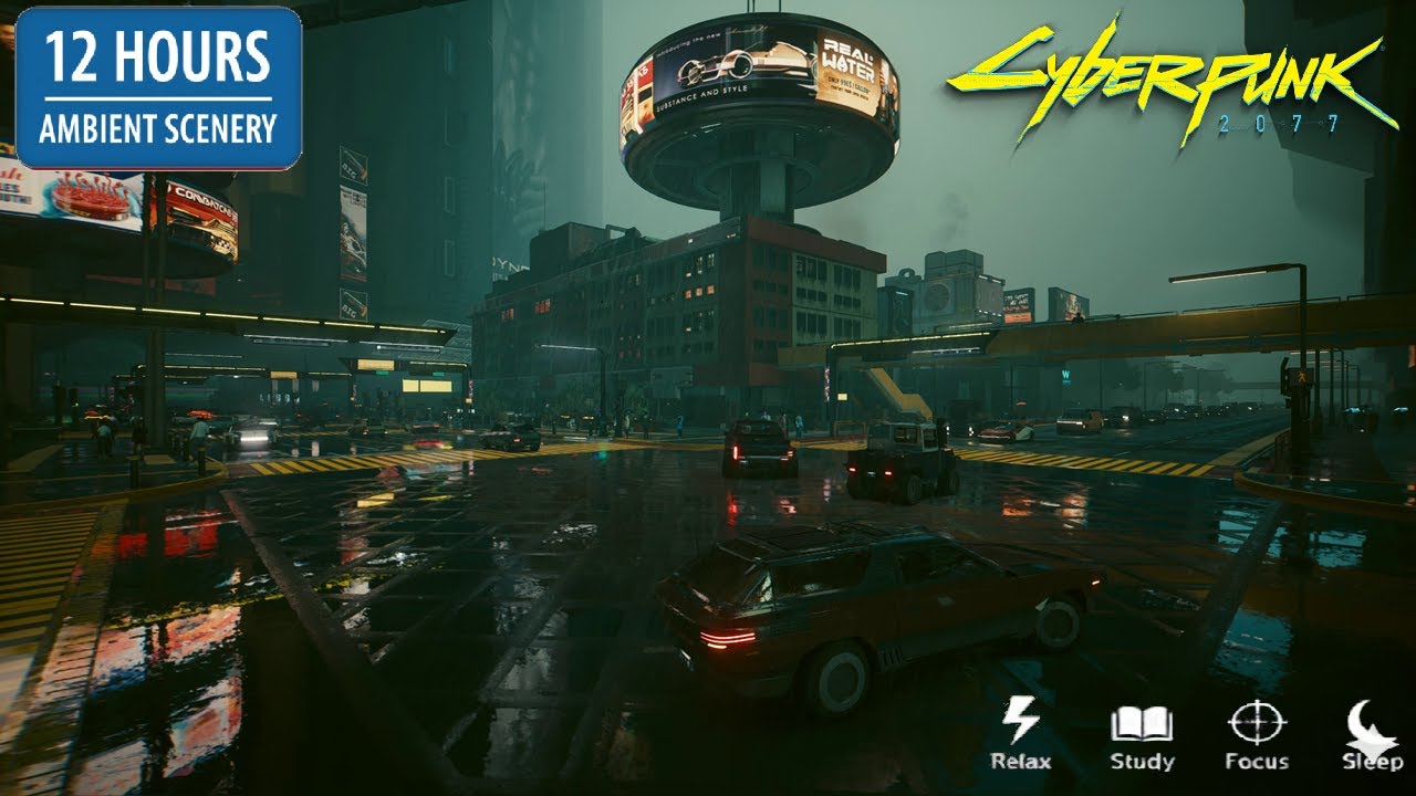 🌧️ 12 ЧАСОВ ДОЖДЛИВЫЙ НОЧНОЙ ГОРОД | Cyberpunk 2077 | Перекресток, Дождь и Неоновая Атмосфера 🌃