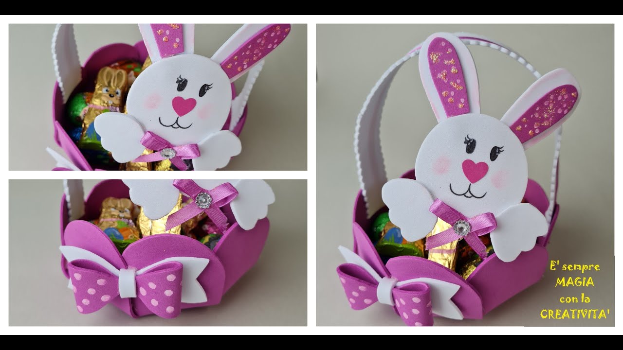 Un cestino a forma di fiore e un tenero coniglietto. Idea graziosa per la Pasqua