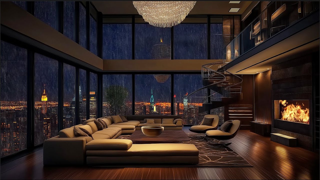 Photo inspiration: Picture Idea: Luxury Penthouse Rainy Night Retreat Cozy Fireplace Lofi Jazz Radio
