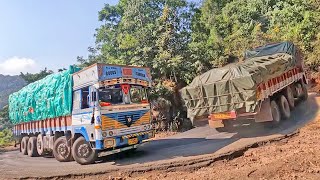 Ghat Road : Cars Crossing Heavy Loaded Truck 14 Tires Lorry Stopped on Ghat Roads U Turning Bends