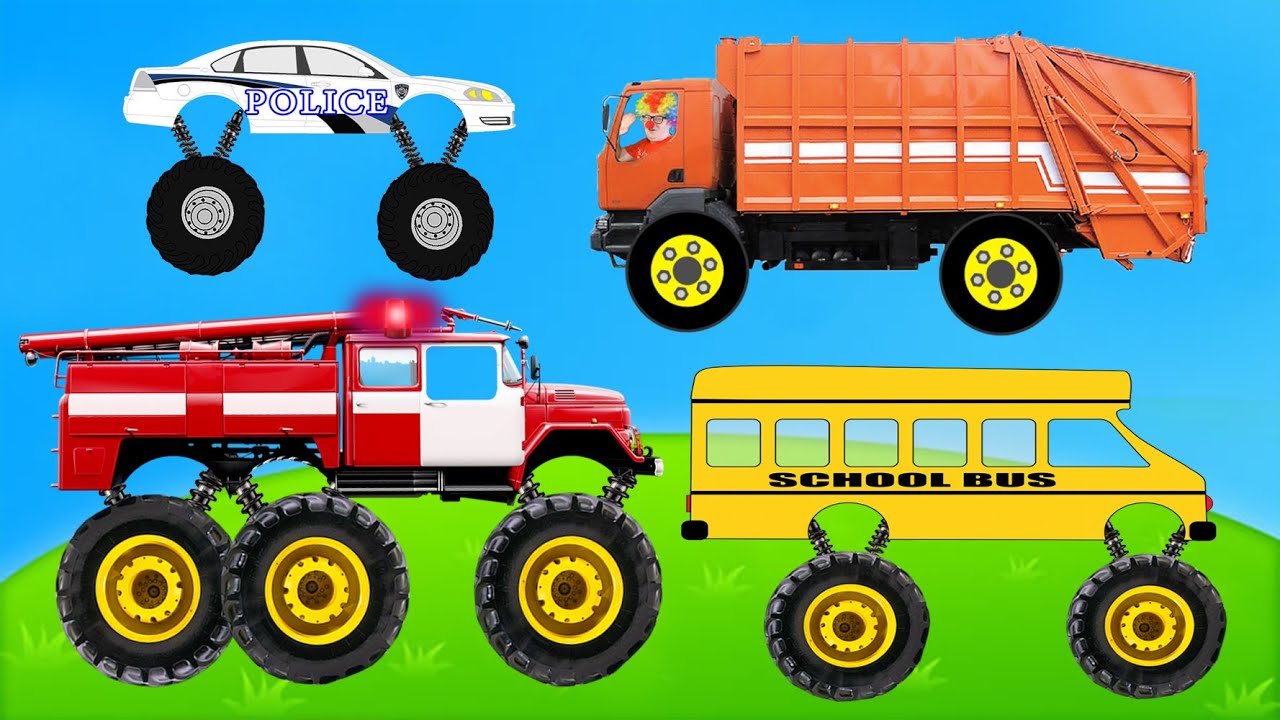 MONSTER CARS - CAR WASH Compilation POLICE GARBAGE SCHOOL BUS FIRE TRUCK 