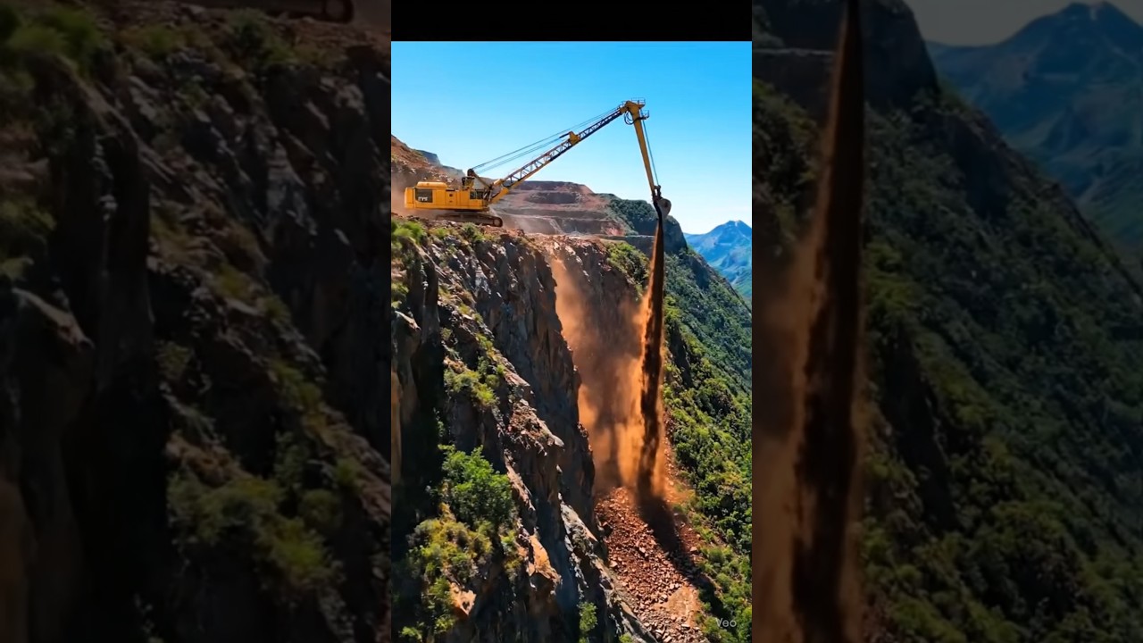 A long-arm excavator clearing rocks on a risky road ‼️