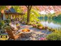 Peaceful Spring Morning by the Lake 🌷 Gentle Piano Music with Warm Fire Pit &amp; Birdsongs for Relax