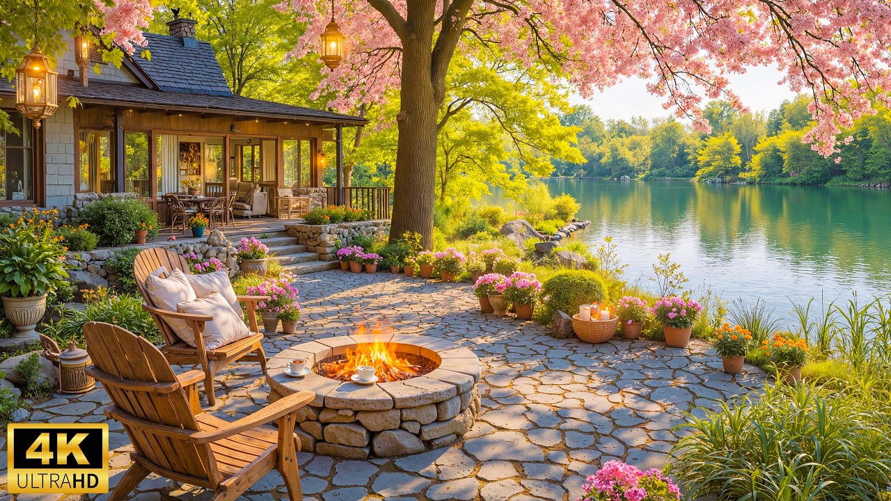 Spring Morning Peace Peaceful Spring Morning by the Lake ๐ท Gentle Piano Music with Warm Fire ...