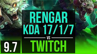 RENGAR vs TWITCH (JUNGLE) | KDA 17/1/7, Legendary, 2 early solo kills | EUW Diamond | v9.7