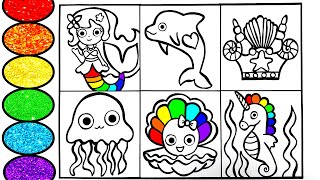 Learn How to draw Mermaid Princess Crown and Sea animals friends- Art for kids with Rainbow Glitter
