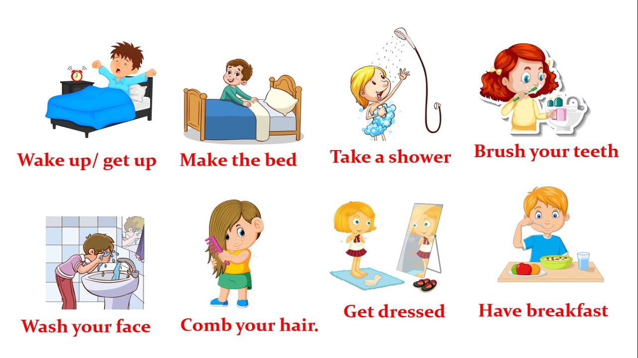 Daily routine vocabulary in English for kids. - My Day - YouTube