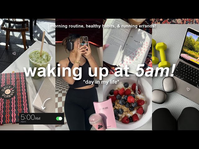 WAKING UP AT 5AM!🌥️ a productive day in my life, morning routine, new places, u0026 healthy habits! class=